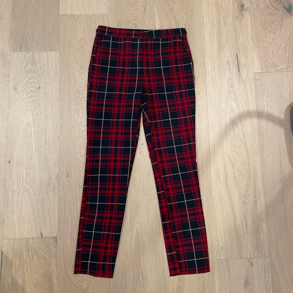 Zara Red and Navy Plaid Slim Fit Trousers